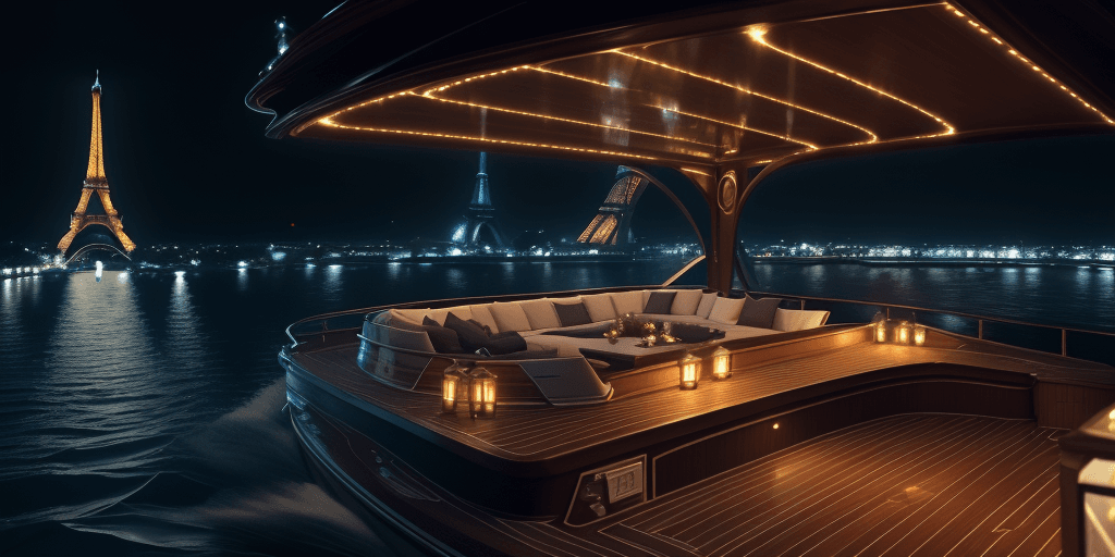 AI generated: a closeup of deck of a luxury small boat on a river near eiffel tower at night