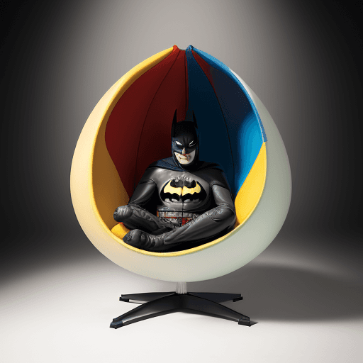 AI generated: Product photography, a colorful egg chair with design batman pattern on it, in the style of esteban ...