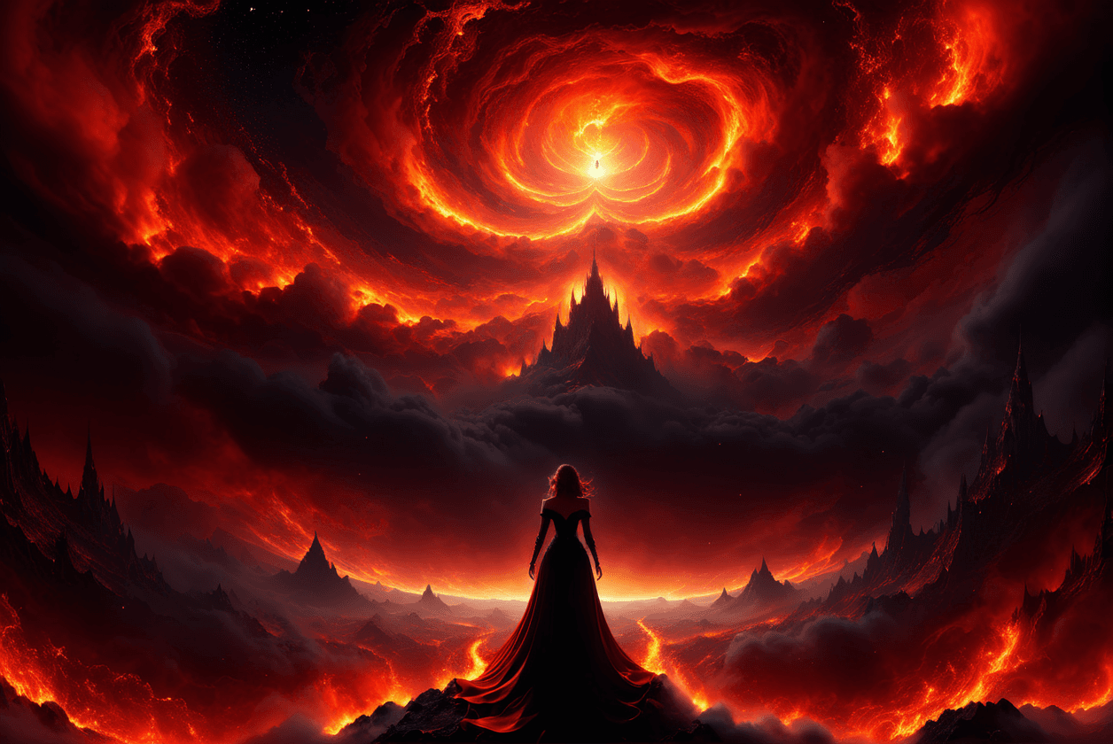 AI generated: detailed mattepainting over the clouds succubus with a tight gothic dress in a red and black and gol...