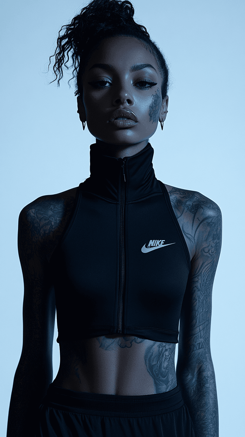 AI generated: Symetrical ultra Closeup of a dope faced tattoed model, dark mirror glazed Nike sport outfit, Minima...