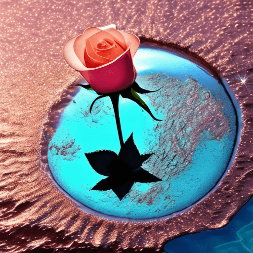AI generated: A rosegold rose, floating in turqoise water, sun rays reflecting of the water

