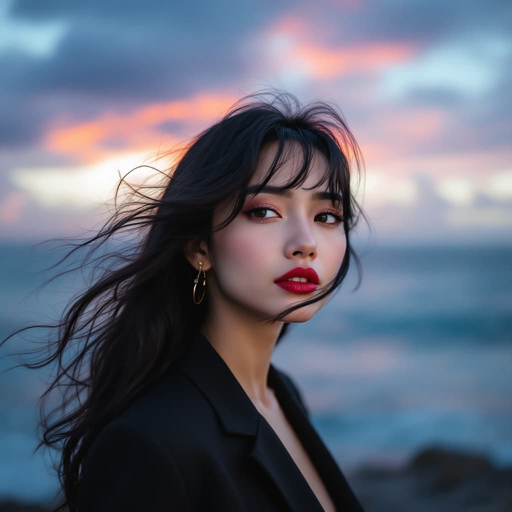 AI generated: A photograph of an indonesian woman against the backdrop of a blurred of sea, in the style of photog...