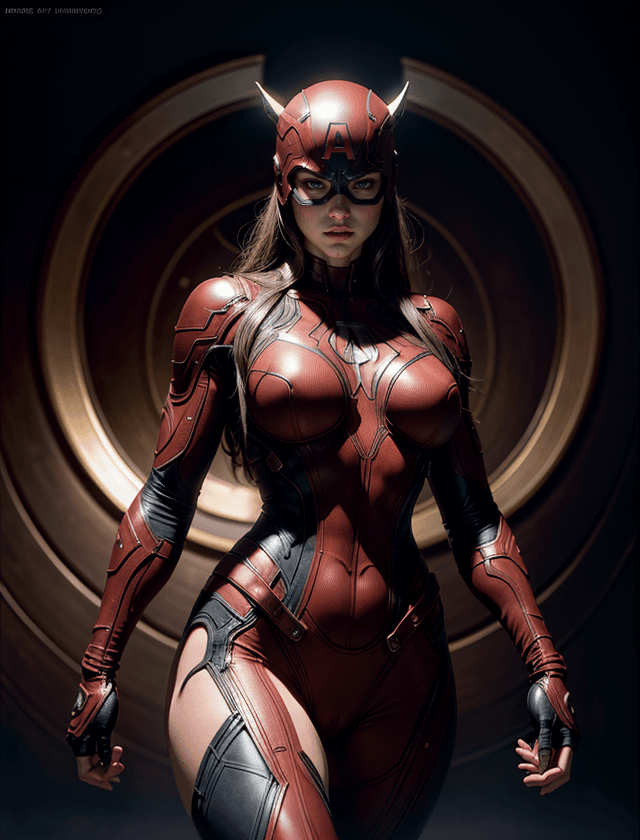 AI generated: female daredevil marvel character, full body character pose, marvel comics, dark, intricate, highly ...