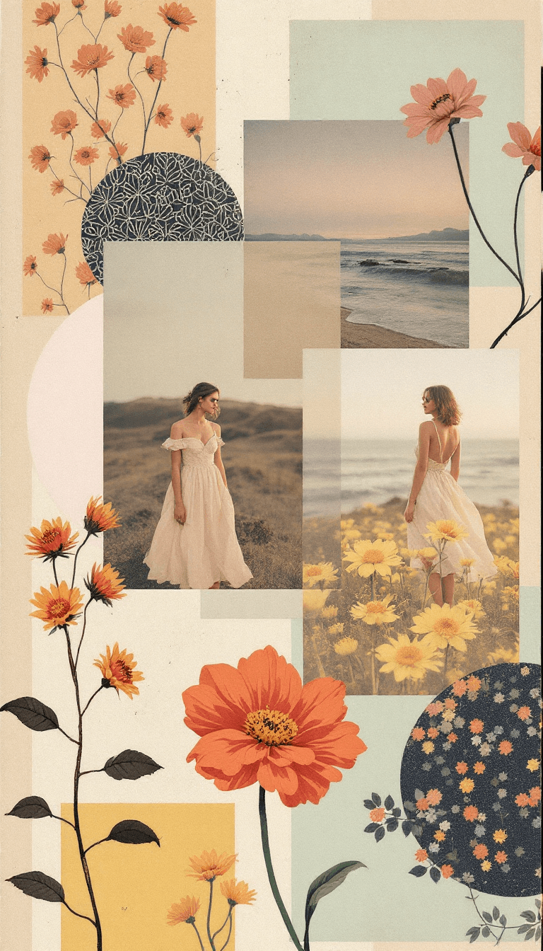 AI generated: vintage collage art with fashion photos and colorful patterns, minimalistic, vintage Icelandic midsu...