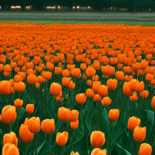 AI generated: Hyper realistic photo of field of orange tulip flowers at the sunset, lower level of view.