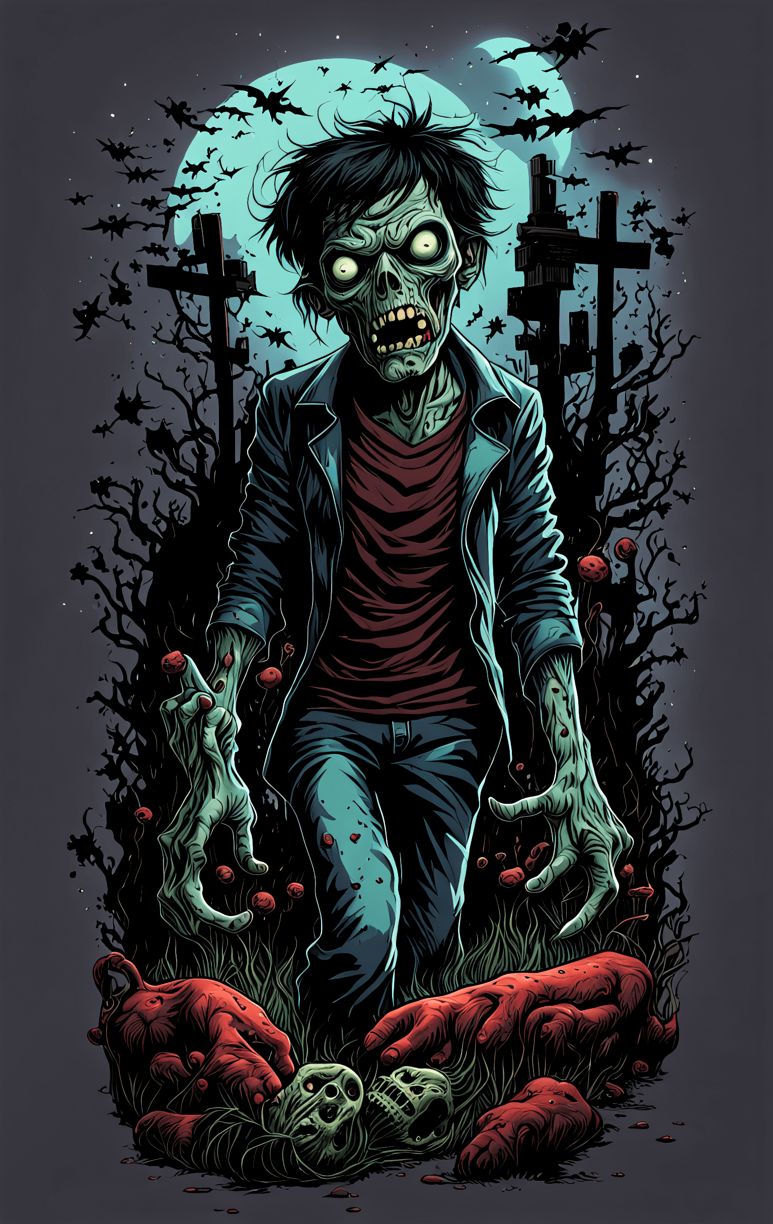 AI generated: zombie, t-shirt design, (gloomy illumination, insane, stunning, dramatic, completed artwork, HQ:1.1)...