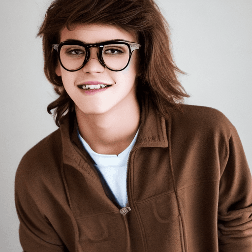 AI generated: semi realistic portrait of a teenage boy, shaggy brown hair mullet brown eyes glasses attractive