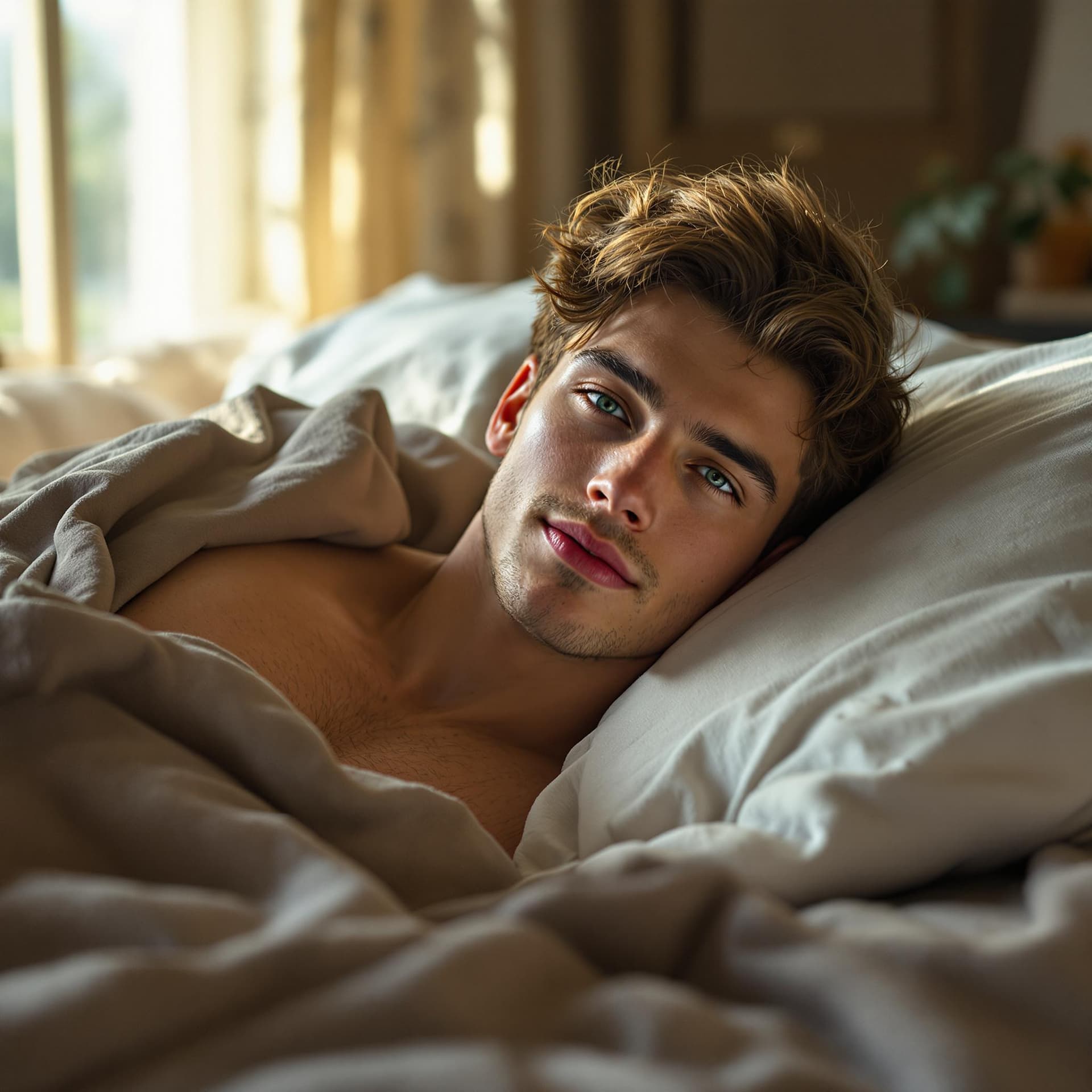 AI generated: A handsome young man in his 20s with short brown hair and striking green eyes, lying casually in bed...