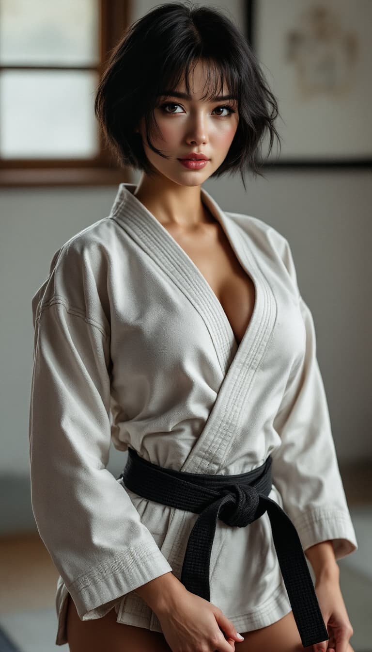 AI generated: beautiful girl, short black hair, fit, wide hips ((workout in judo dojo )), (judo GI), big breast, w...