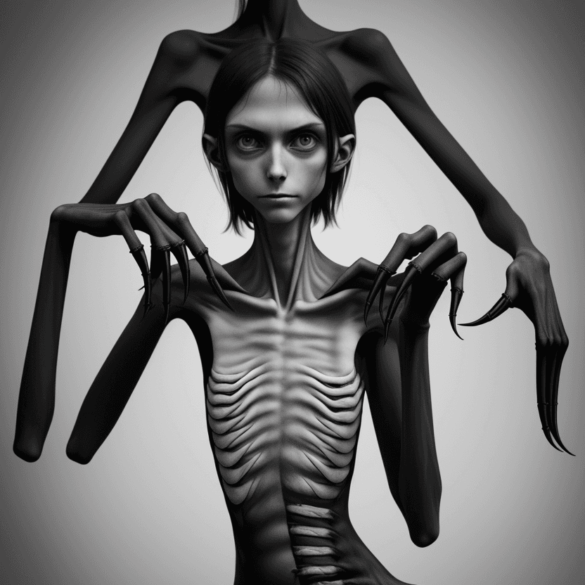 AI generated: woman's arms with hands with black long curved claws of skinny anorexic girl