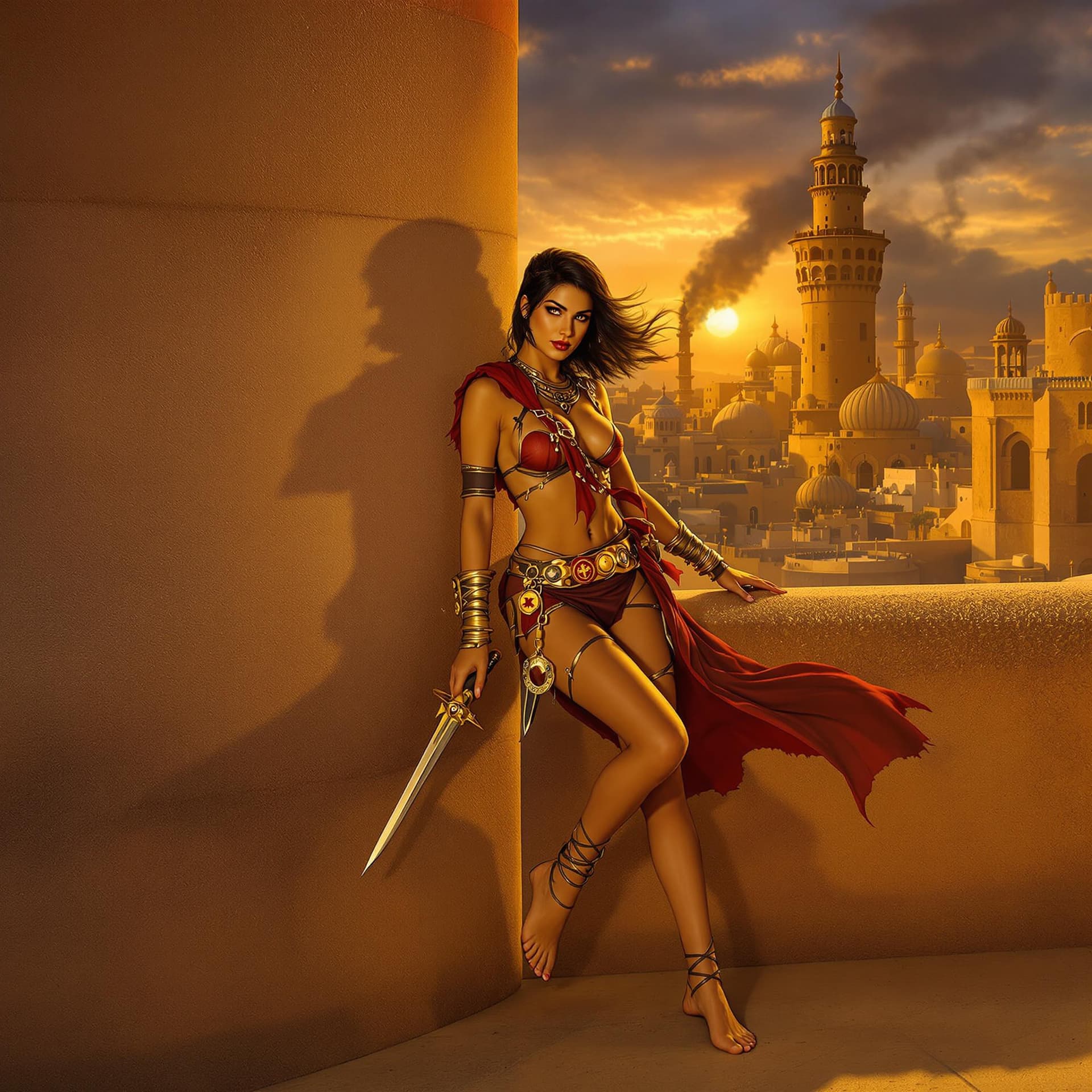 AI generated: Full body view a Radiant, athletic female thief in mid-length portrait, 4 fingers and 1 thumb, hidin...
