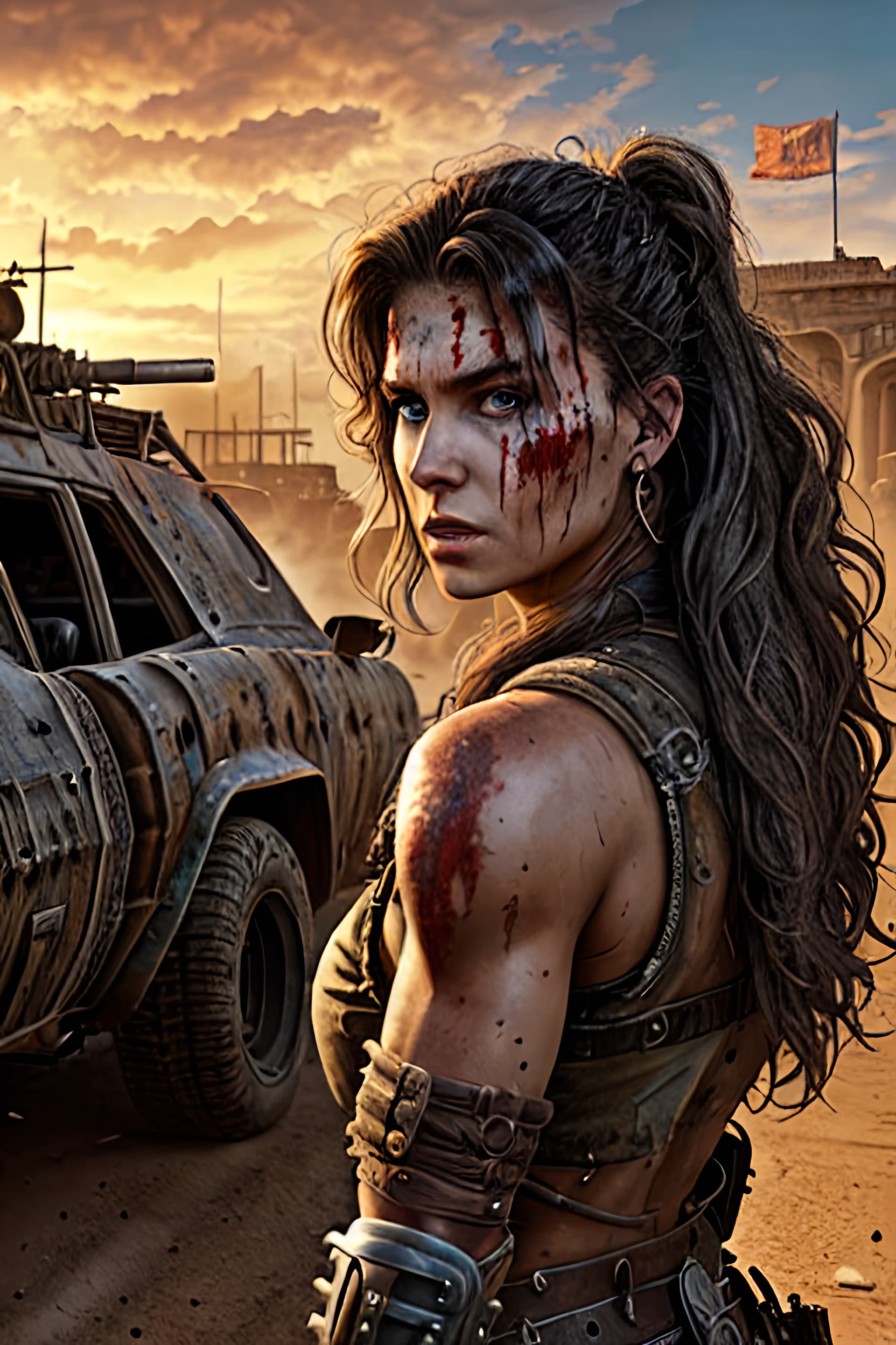 AI generated: A portrait of a post apocaylptic feamale warrior in a dystopian world, in an action pose, long messy...