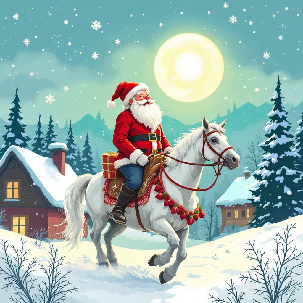 AI generated: 
dibuja una escena de navidad con mucha nieve y papa noel montado a caballo