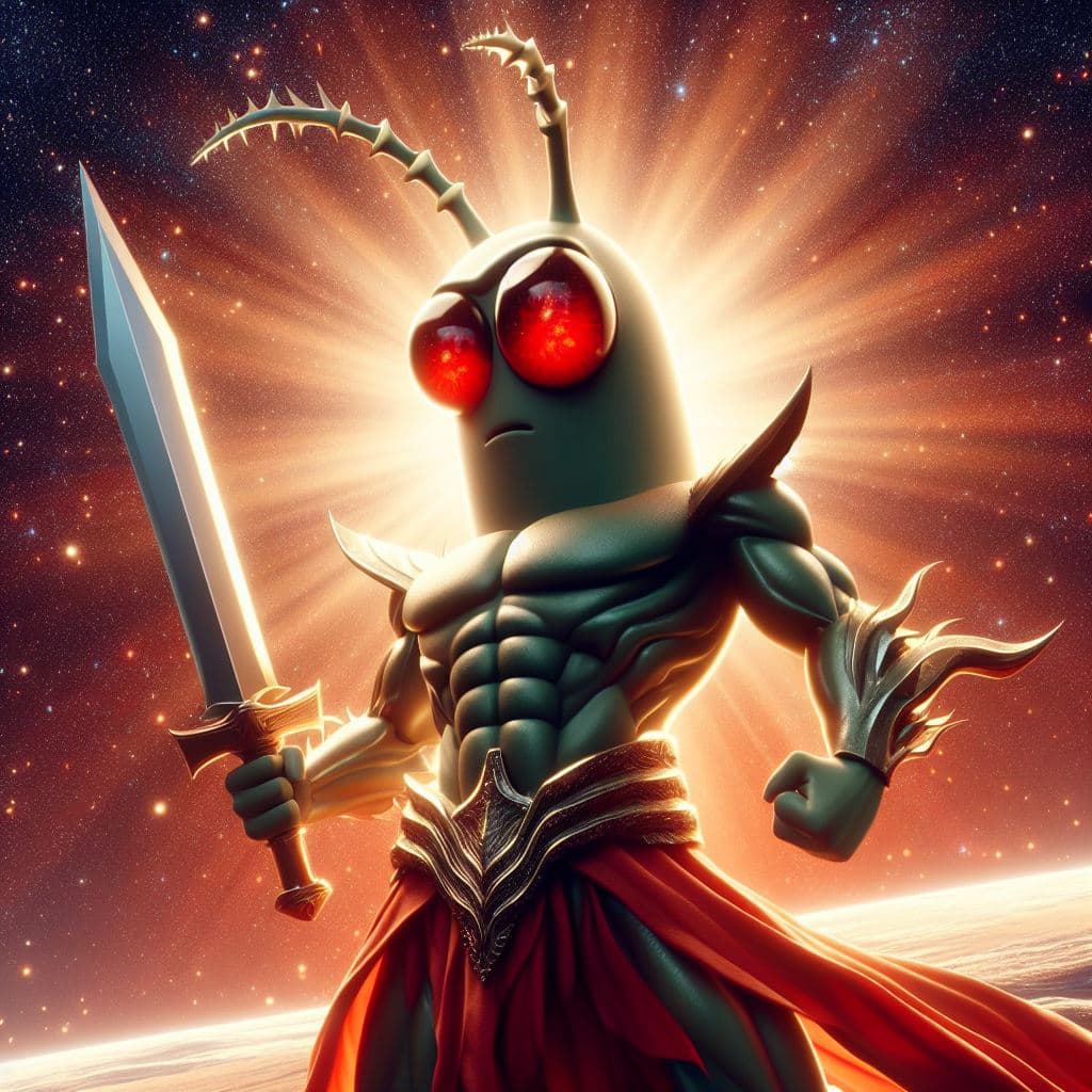 AI generated: plancton is the mightiest god with a sword, red eyes, heroic pose, divine and celestial light, maste...