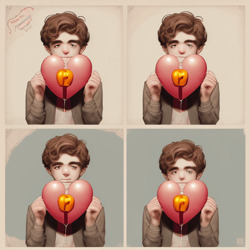 AI generated: a poster depicts a boy holding a heart shaped balloon, face 
in the style of sketchfab, poodlepunk, ...