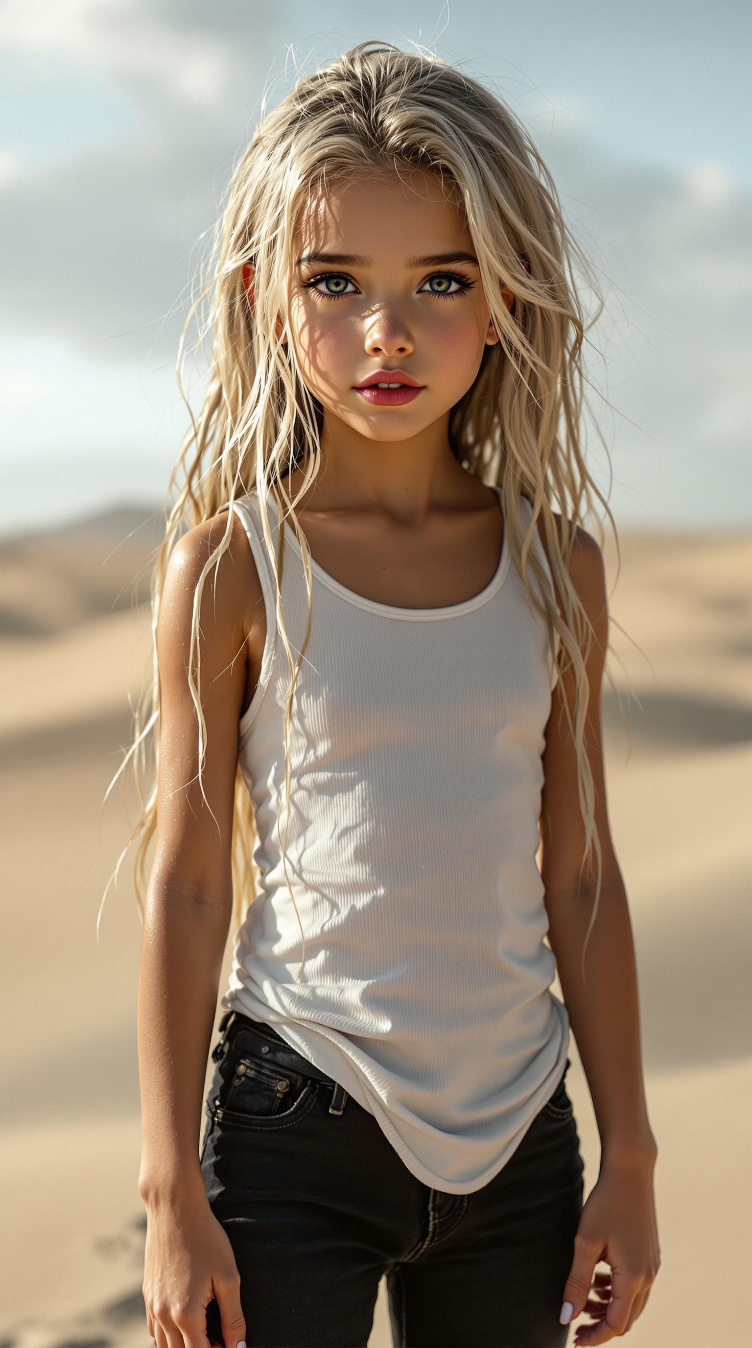 AI generated: a professional photo of a exceptionally beautiful girl in the world (age 7), (seven year old), wet t...
