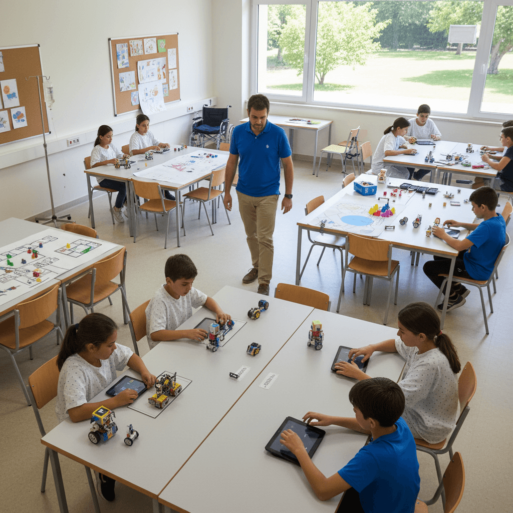 AI generated: "Aula Hospitalaria con espacio entre pocas mesas, los estudiantes trabajan en pequeños grupos jugand...