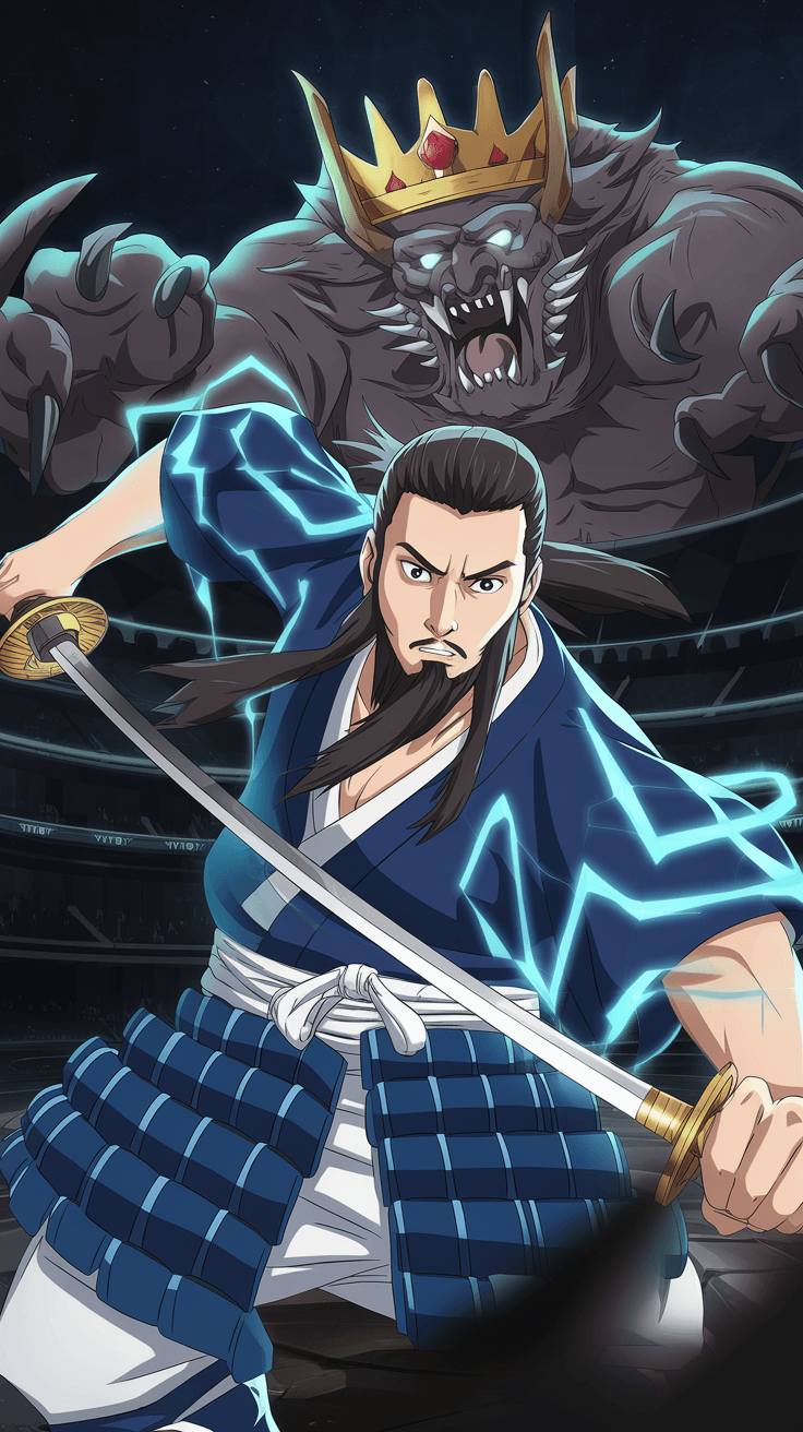 AI generated: anime drawing of a longbearded young man holding a katana in anime style, studio, samurai clothes in...