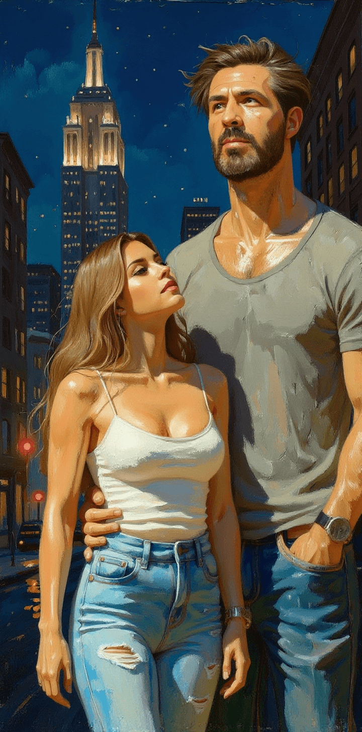 AI generated: a painting of a woman and her tall handsome husband standing in New York city street at night, looki...