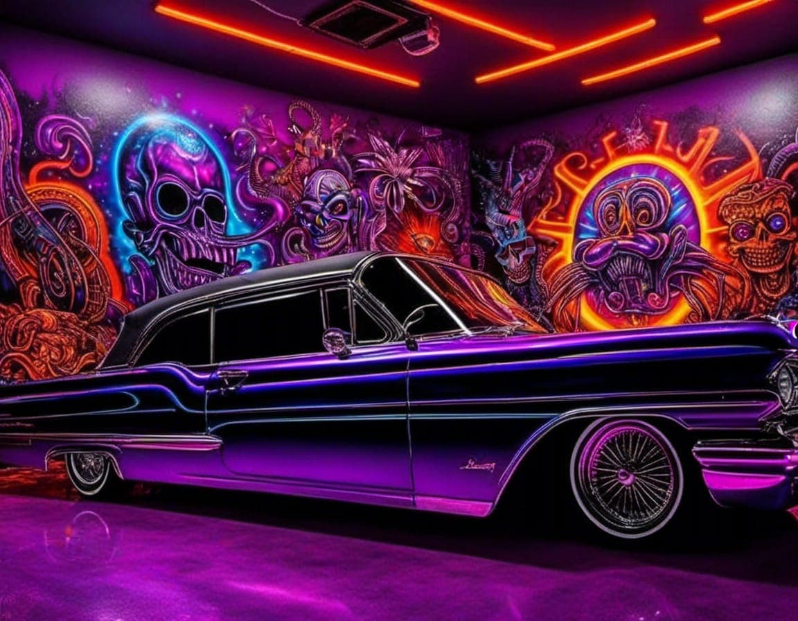 AI generated: "<lora:lowrider paintjobs:1.0> black light also known as Ultra Violet Light but as a MURAL lowrider ...