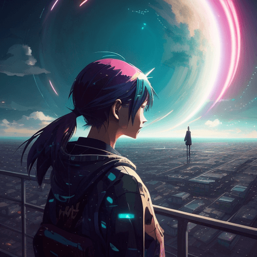 AI generated: Girl looking towards the horizon, photorealistic dramatic anime, omnidimensional, polychromatic colo...