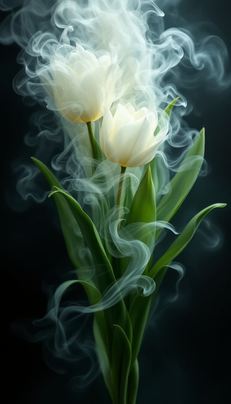 AI generated: white tulip bouquet opening, liquid smoke fractals, elegant botany, dynamic movement, raphael, carav...