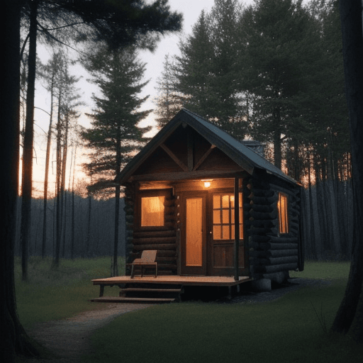 AI generated: Tiny Cabin in the Woods At Dusk