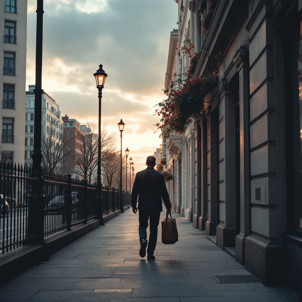 AI generated: create a picture of a man walking tail away on the sidewalk