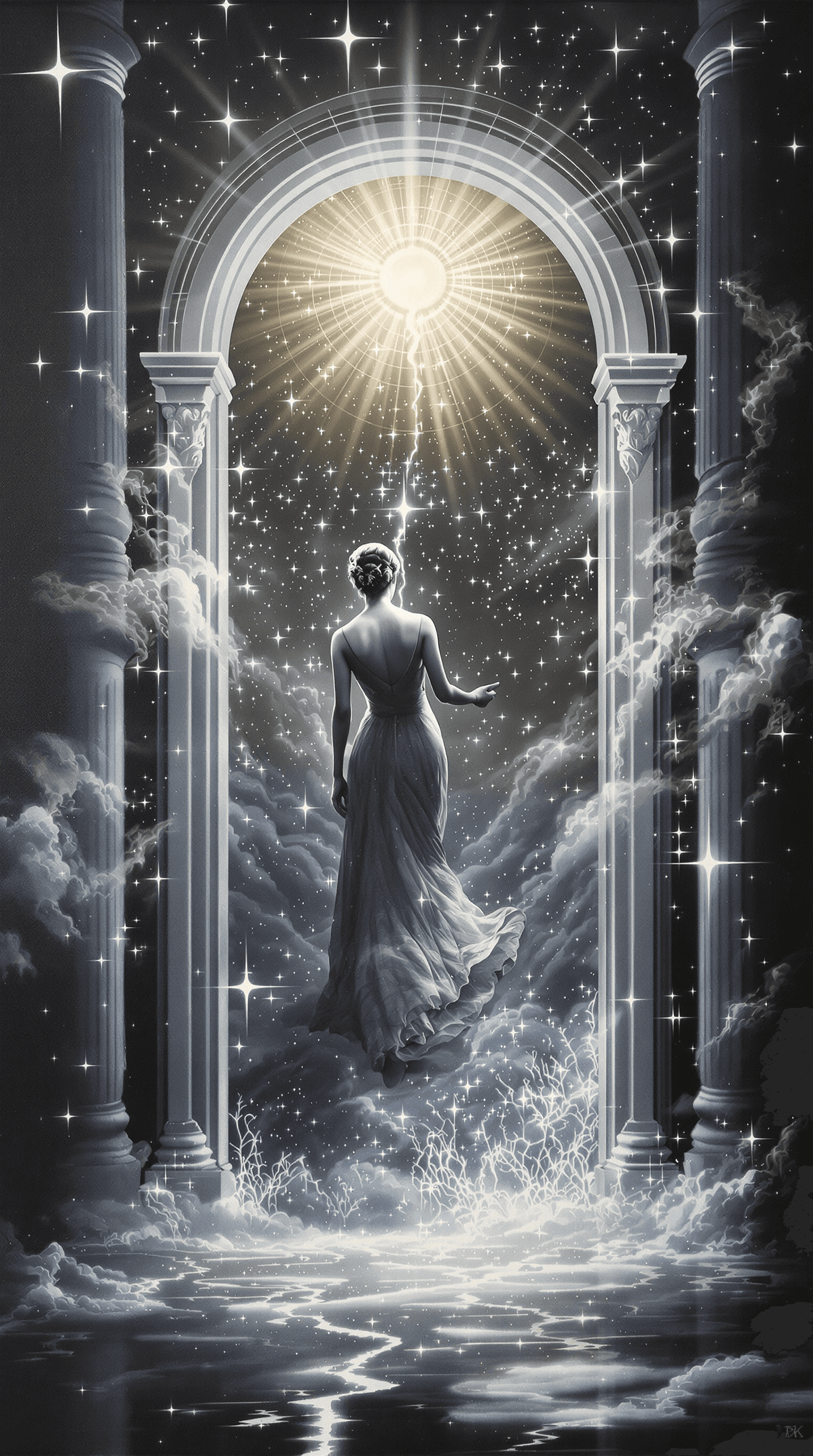 AI generated: Macroview of a canvas in shape of a holographic gate to heaven,a beatiful middle aged woman oil pant...
