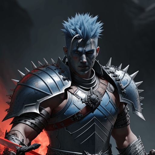 AI generated: Male war god, blue spiky hair, muscle, great sword, detailed armor, battlefield, dark souls, blood, ...