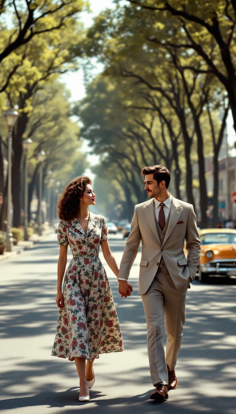 AI generated: 
"A young couple from the 1950s walking along the wide, asphalted Vali Asr Street in Tehran. The str...