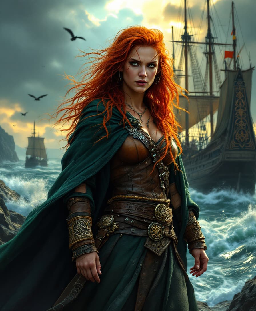 AI generated: Gráinne O'Malley, the legendary Irish pirate queen, stands defiantly at her rugged sea port, her sta...