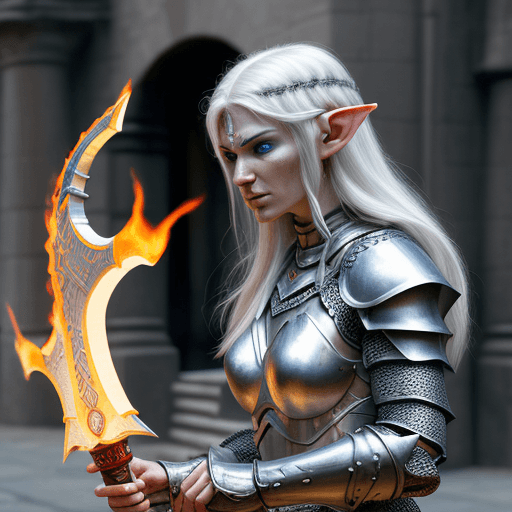 AI generated: Elf, warrior woman in chainmail armour weilding a flaming sword. She is a fierce warrior on the batt...