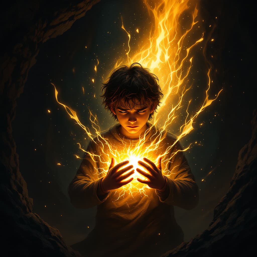AI generated: Create an emotional and powerful scene in a dark cave where a 12-year-old hero with brown hair stand...