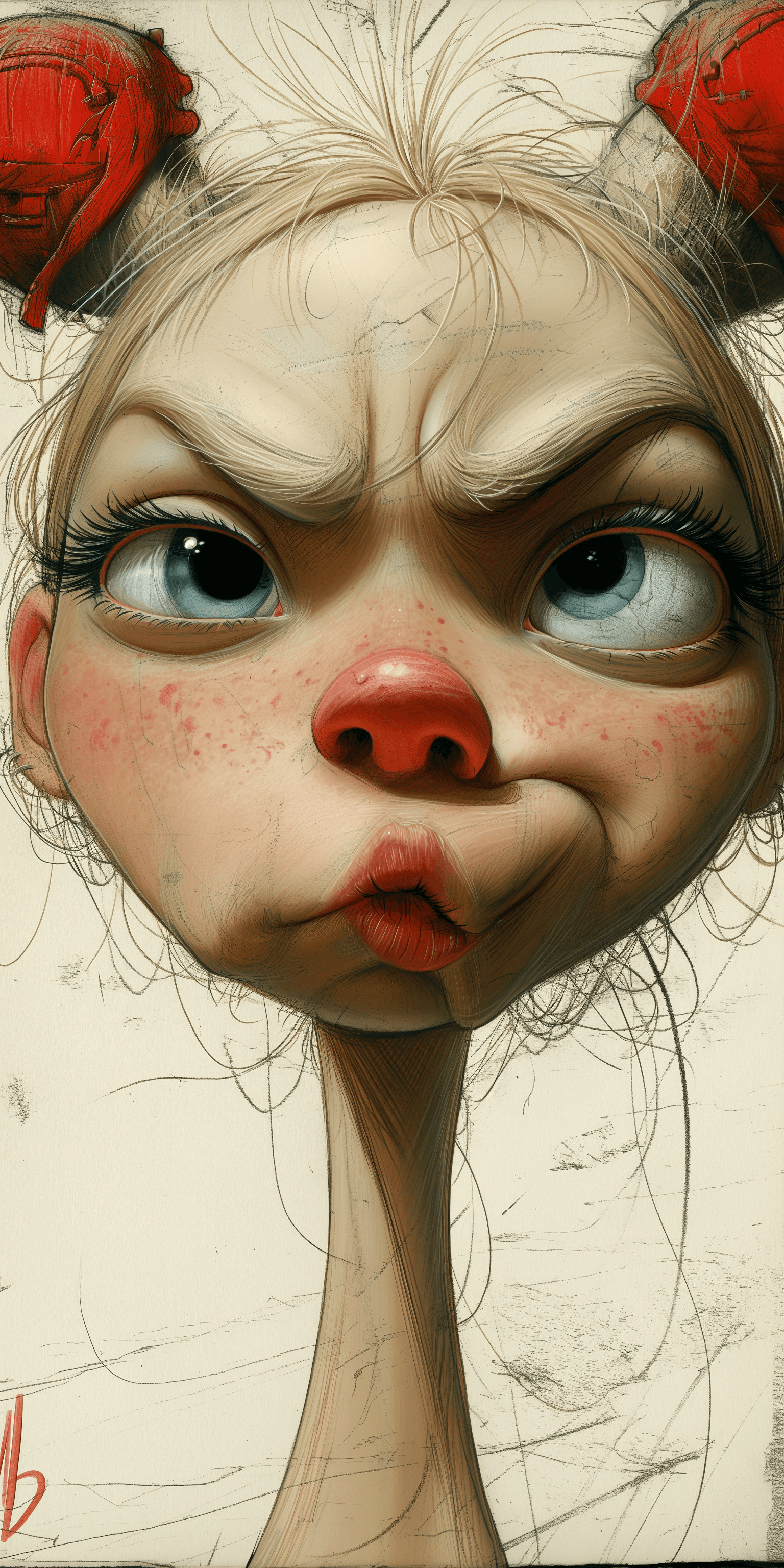 AI generated: Caricatures pencil drawing, cute woman, blonde hair, mid-20's, color pencils, in the style of street...