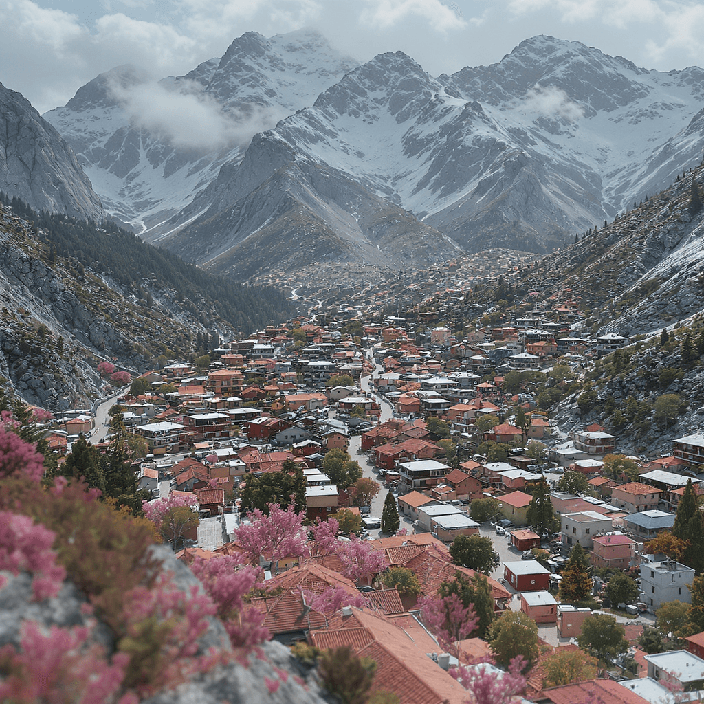 AI generated: Miniature scene in normal daylight colors of a densely built mountain town, hyperrealistic, splash a...
