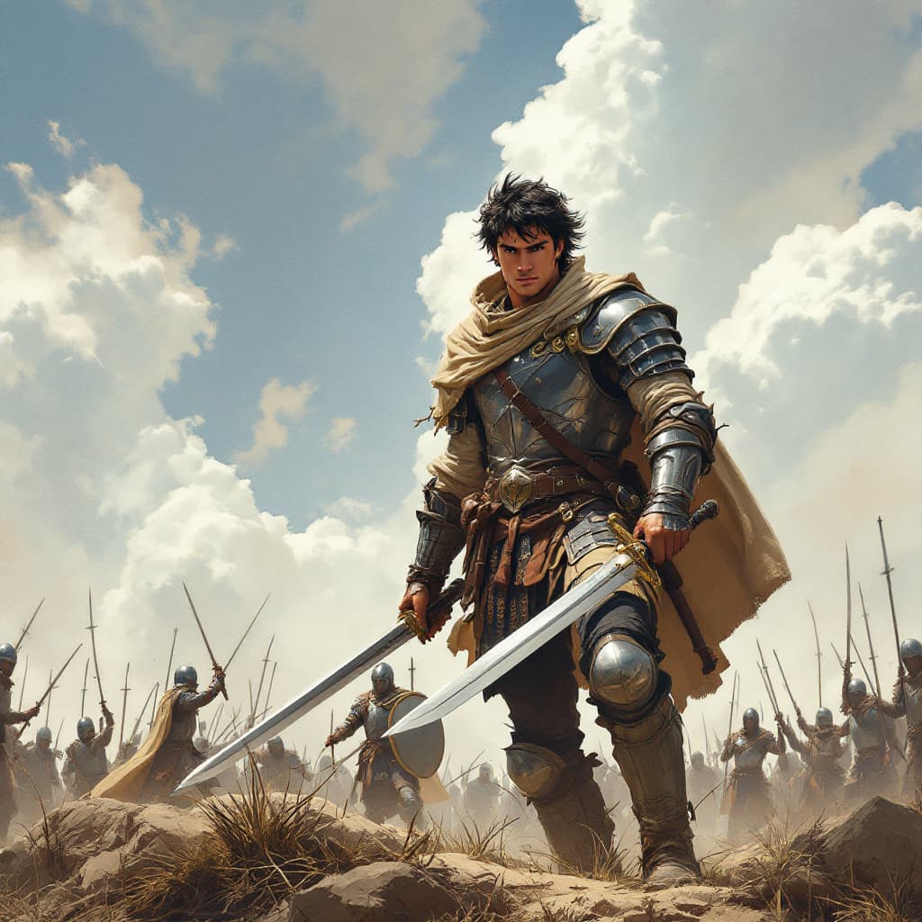 AI generated: Ilustração realista de história em quadrinhos, foto de corpo inteiro de um jovem guerreiro com físic...