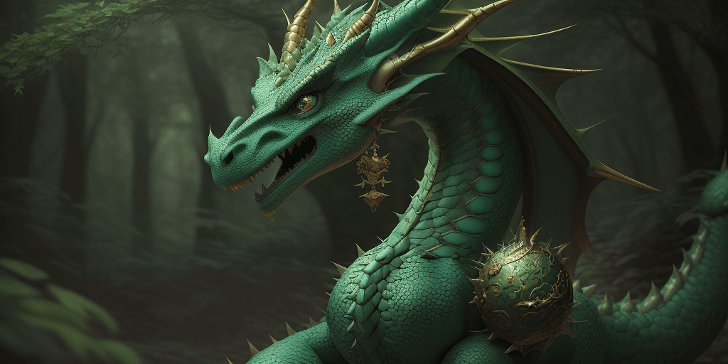 AI generated: dragon in the forest near trees with large green eyes, in the style of intricate, whimsical details,...