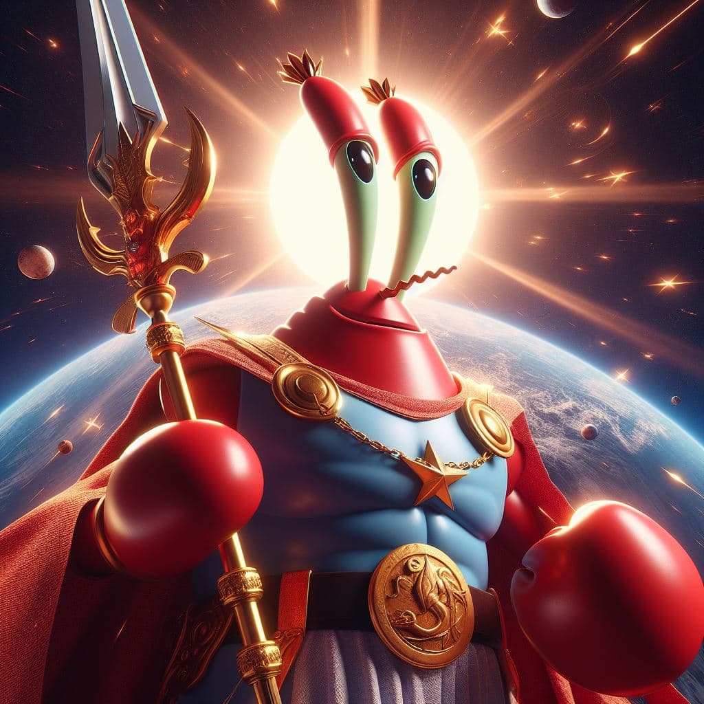 AI generated: Mr. Crab is the mightiest god with a sword, red eyes, heroic pose, divine and celestial light, maste...
