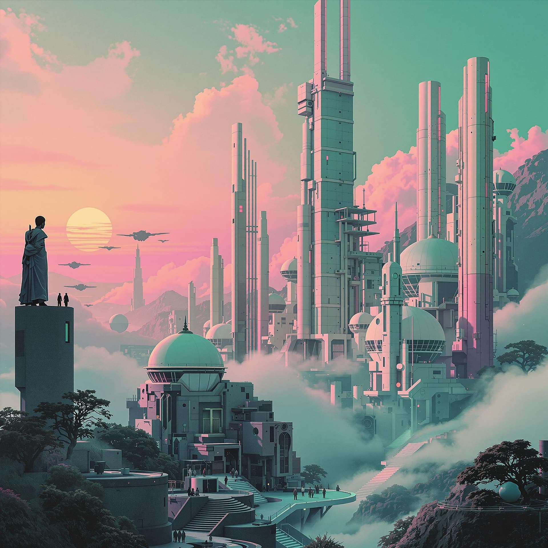 AI generated: surreal architecturecore mint green and pink neo tokyo cyberpunk landscape, oriyoshi ohrai syd mead ...