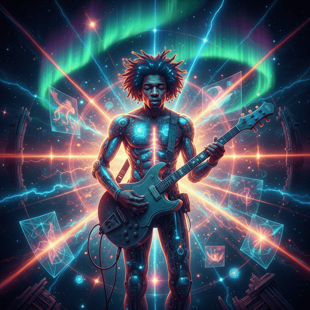 AI generated:  Jimmy Hendrix, cybernetic musician creating hypnotic tunes, light leaks, epic fantasy, vibrant colo...