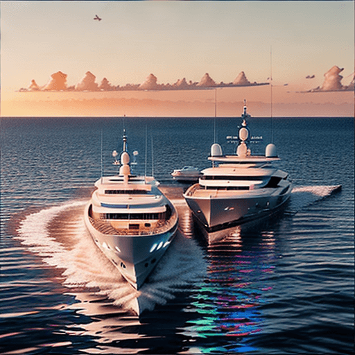 AI generated: 2 two white supersized yachts in St. Tropez sunrise, One yacht has painted title: WORK HARD, another...