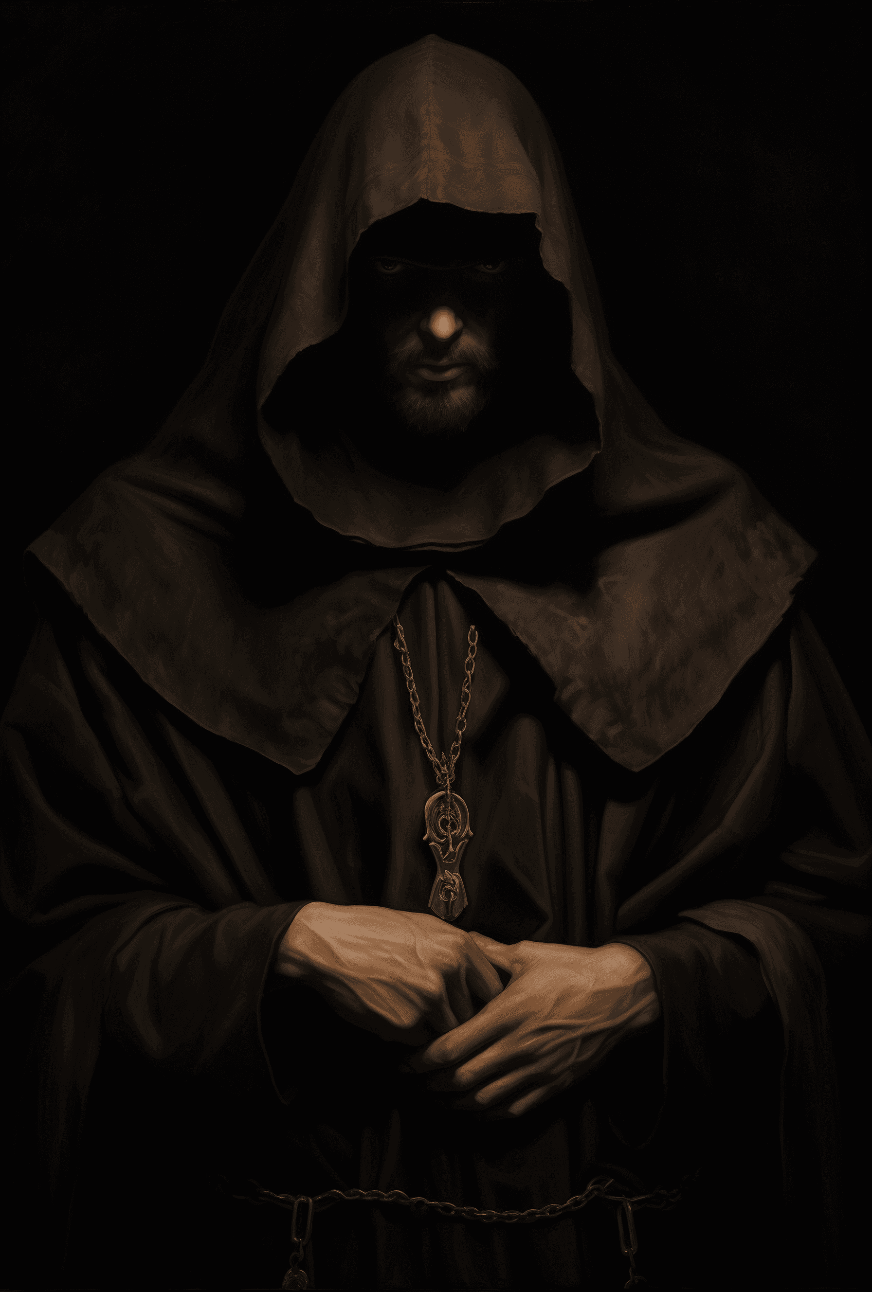 AI generated: A portrait of St Francis de Bunnyr, a hooded figure with his face hidden in the style of Caravaggio'...