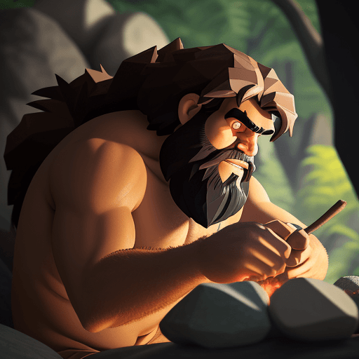 AI generated: close shot,early caveman discovering a fire by rubbing stones with his hands,low-poly style