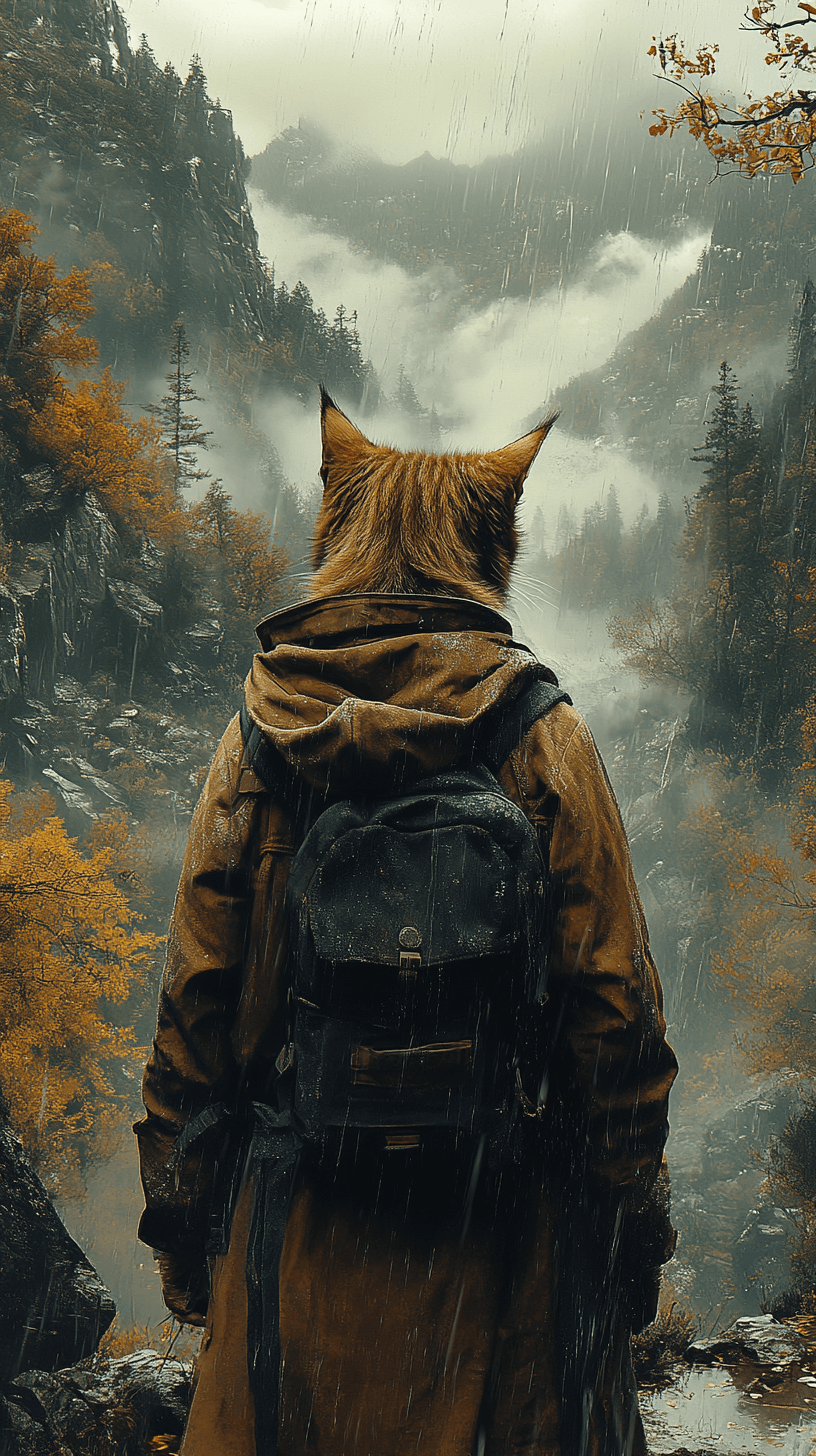 AI generated: A cat stands at the edge of a mountain forest clearing, still and alert. Above, mist drifts between ...