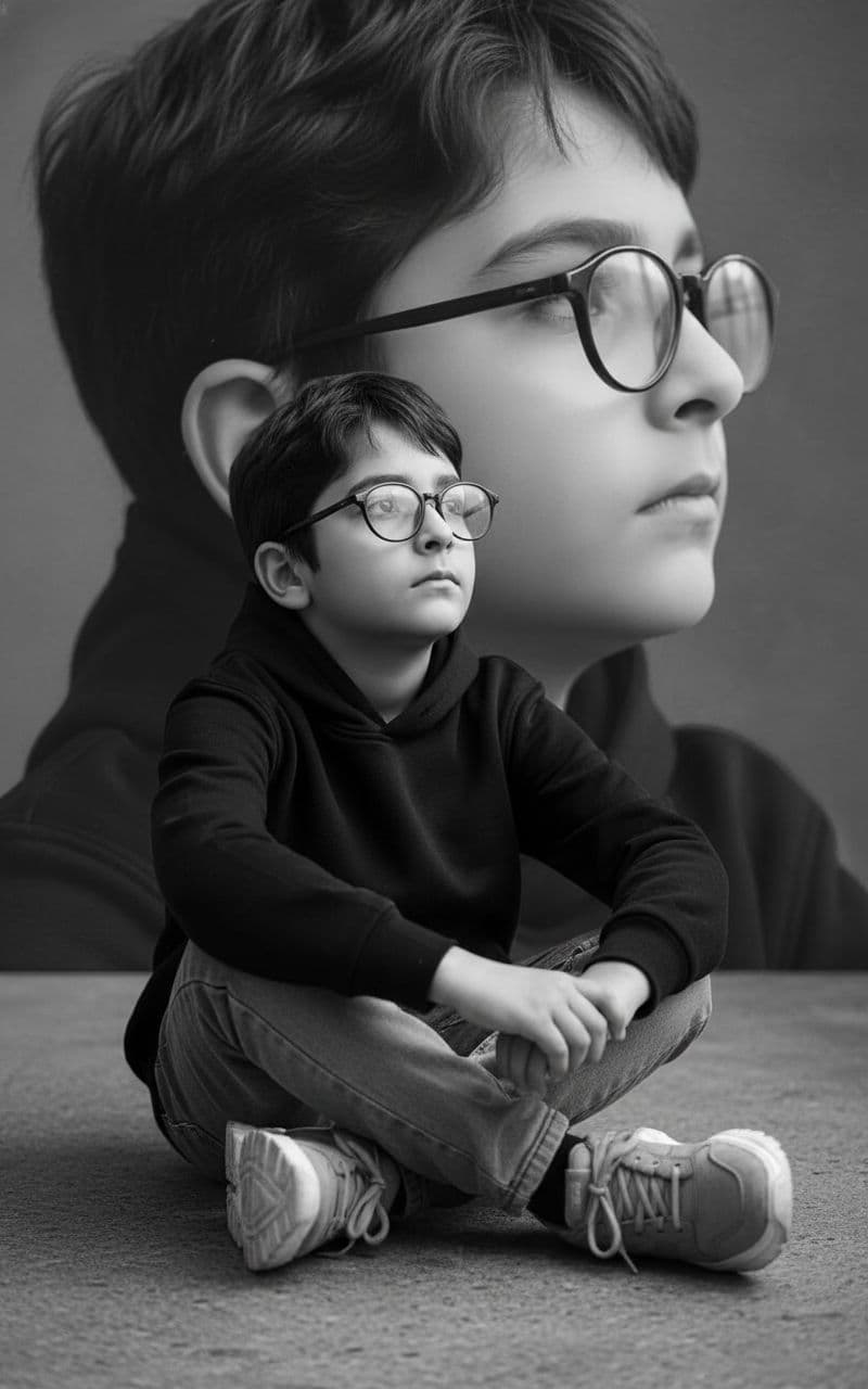 AI generated: Create an artistic portrait of a handsome 7-year-old boy, seated elegantly on the floor, wearing a m...