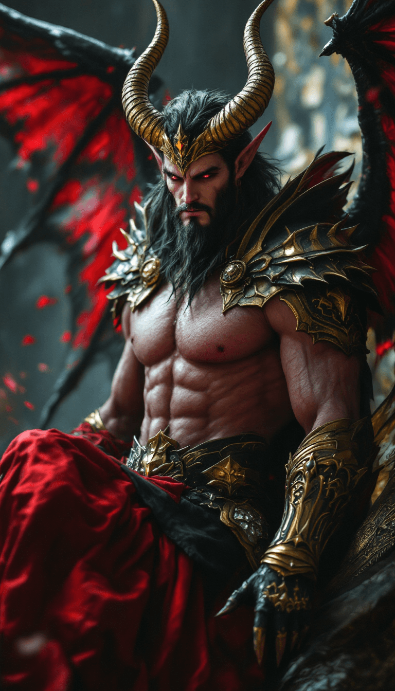 AI generated: Male lucifer demon in beauty armor.
Many detailled, accessories, King, heel, 