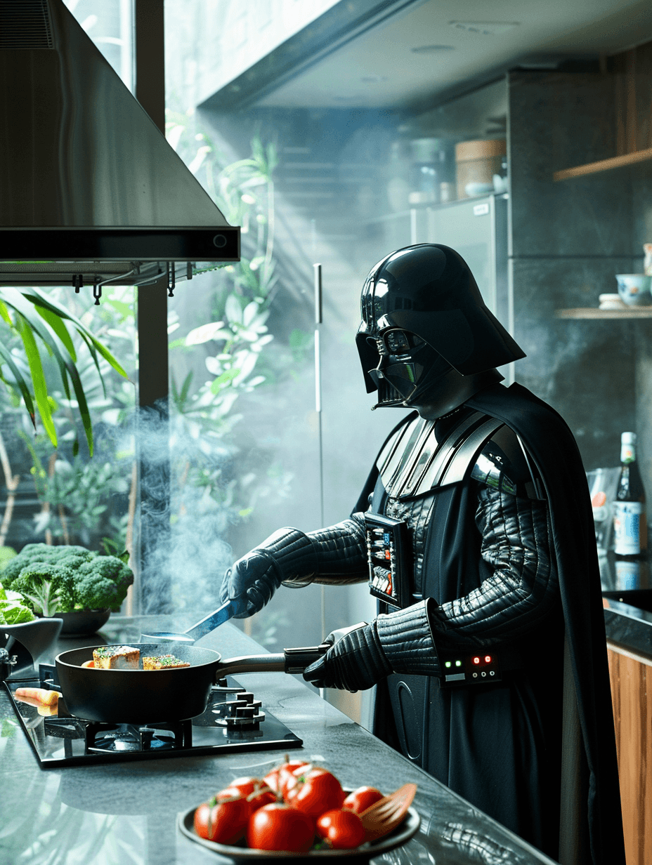 AI generated: darth vader cooking tofu and vegetables at a modern and futuristic imperial kitchen, photography, co...