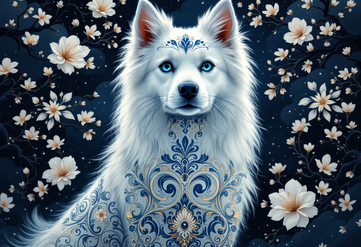 AI generated: Elegant white dog with ornate blue and gold detailed patterns, art nouveau style. Dog theme, long fl...