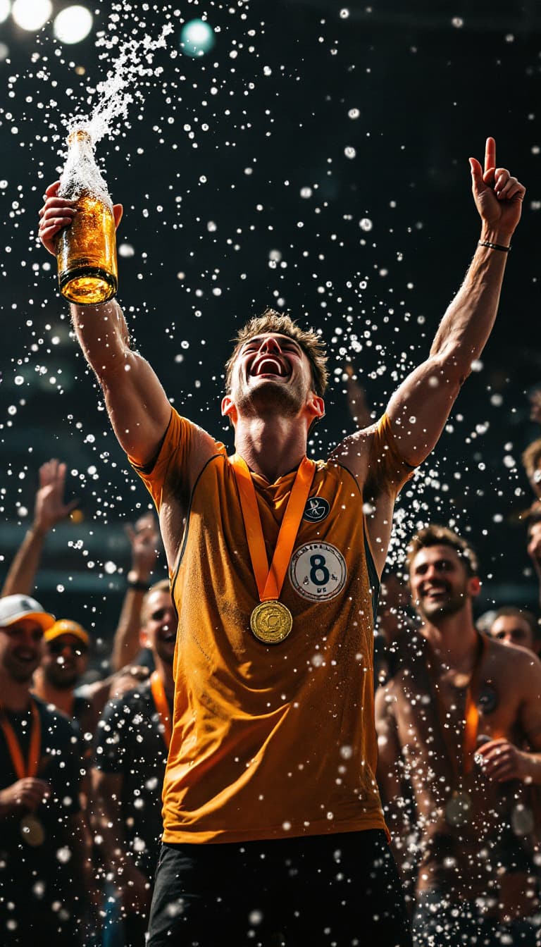AI generated: Summer.       The winner with a medal stands in a circle of friends and teammates. In his hands he h...